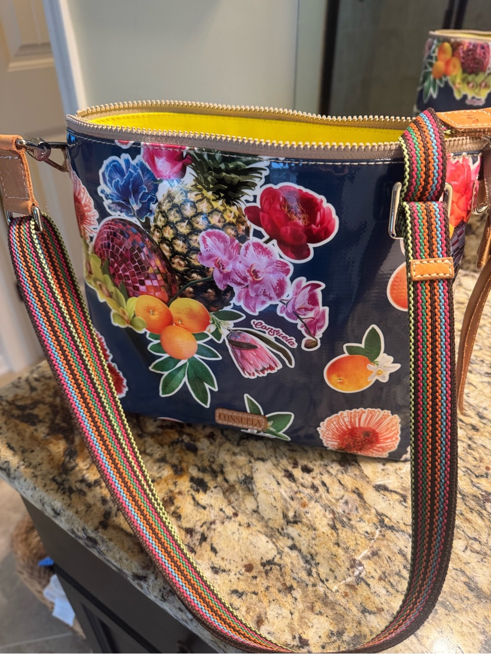 Consuela Navy Floral & Fruit Crossbody with Multicolor Strap